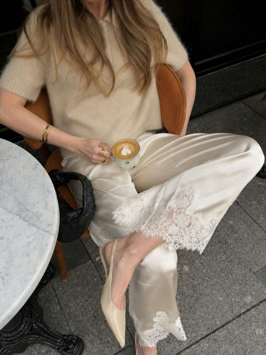 Women's Elegant Satin Wide Leg Pants Lace Trim Hem High Waist Loose Fit Flowy Trousers - Apricot - View 1