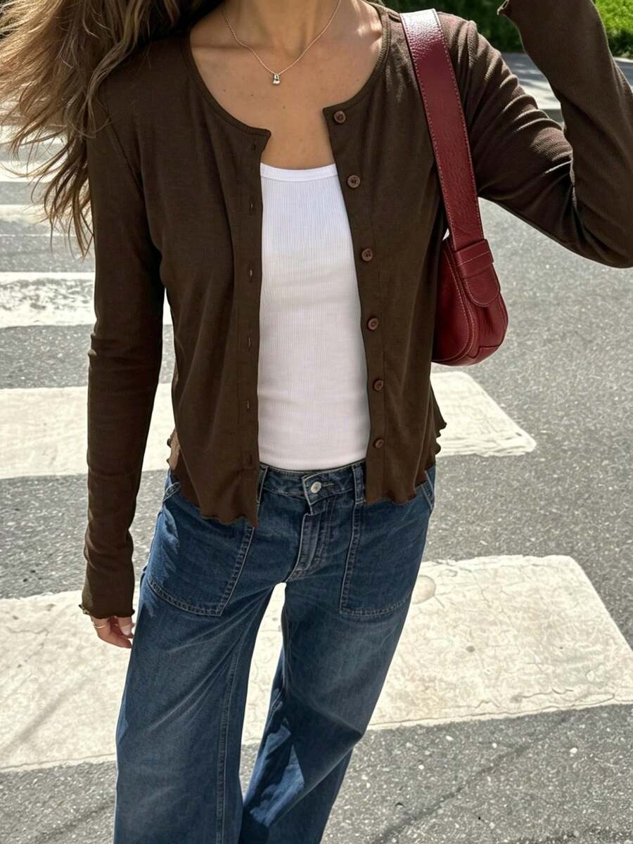 Fashionable Cardigan Button-Up Top Slim Fit Long Sleeve Scalloped Hem T-Shirt For Women - Brown - View 1