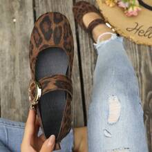 Women's Vintage Leopard Print Round Toe Mary Jane Shoes With Metal Buckle Strap, French Style Daily Commute Autumn Brown Suede Ballet Shoes - Brown - View 6