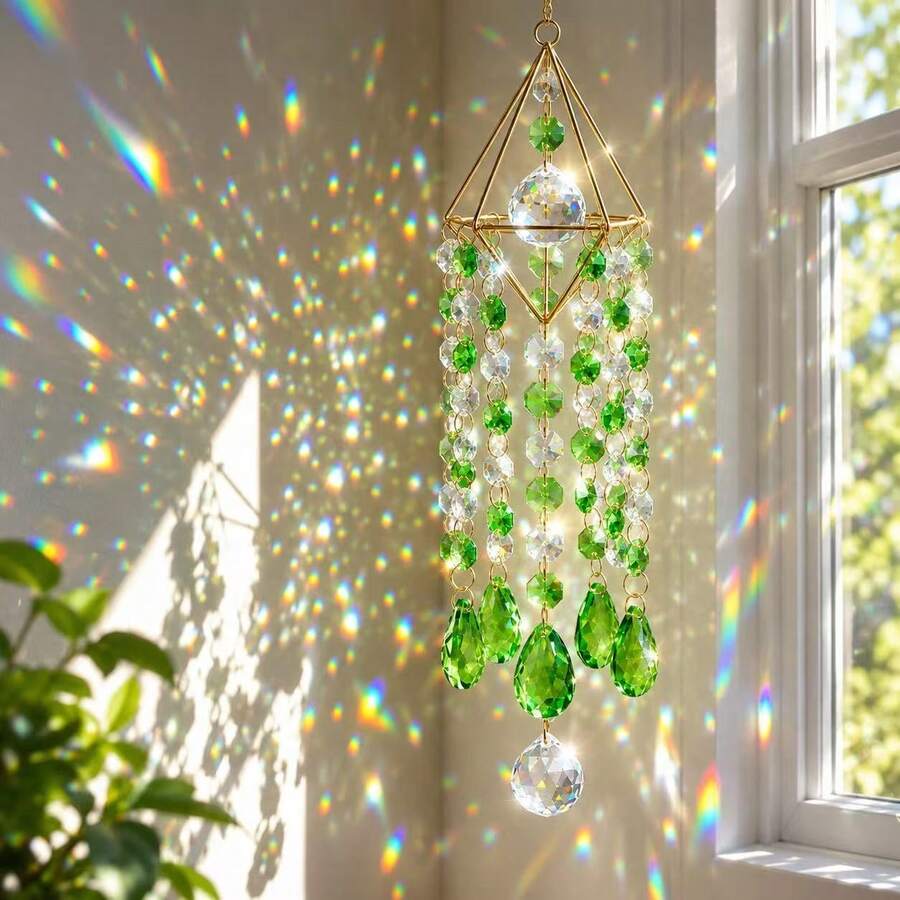 Green Beaded Suncatcher Hanging Ornament, Rainbow Maker Chandelier With Teardrop Pendants For Window, Home & Garden Decor - Green Copper Frame Wind Chime - View 1