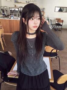 Women's Patchwork Striped 2 In 1 Long Sleeve Turtleneck Knit Base Layer Top, Korean Vintage Style - Grey - View 1
