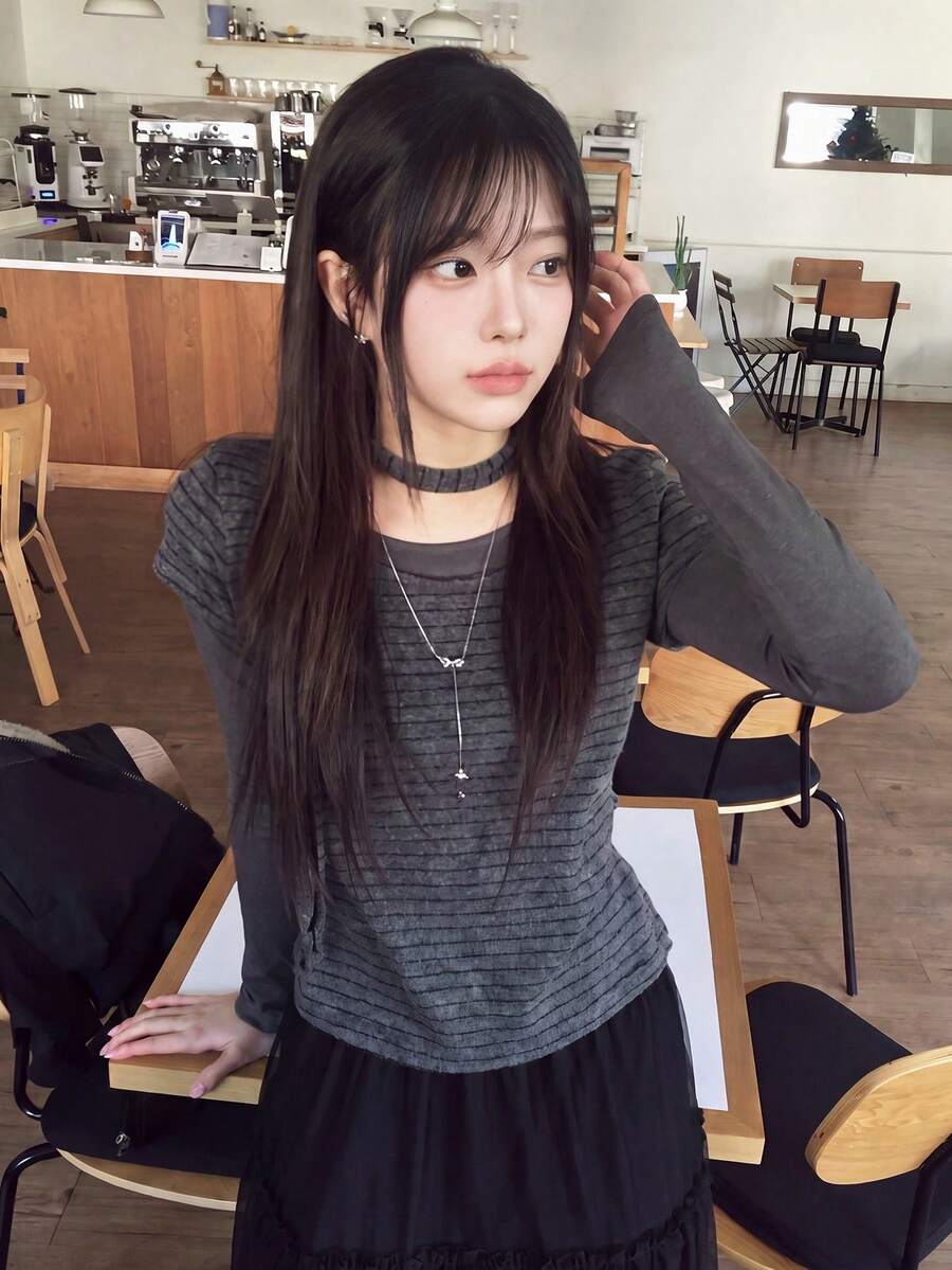 Women's Patchwork Striped 2 In 1 Long Sleeve Turtleneck Knit Base Layer Top, Korean Vintage Style - Grey - View 1