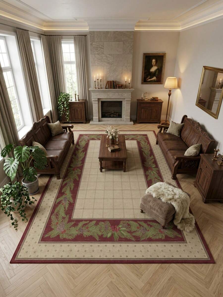 1PC Red Pine Branch & Pine Cone Plaid Area Rug, Faux Cashmere Material Rectangular Christmas Holiday Pattern, Machine Washable Suitable For Living Room Bedroom Daily Home Decor, Aesthetic Home Decoration - Multicolor - View 1