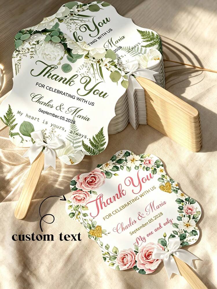1/8/20/40/100pcs Elegant Wedding Folding Fan Set, Bridal Party Gift With Wooden Handle And White Bow, Modern Floral Design, Wedding Supplies, Suitable For Bridal Shower, Dance Props, Anniversary Gift, Wedding Decor, Guest Favors - Custom Fans - View 1
