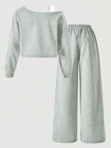 Women's Vintage Letter Print Cold Shoulder Sweatshirt & Pants Set, New Autumn Style - Grey - View 2
