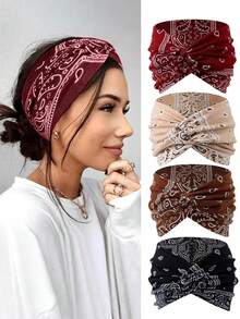 4pcs Boho Bandana Print Headbands For Women, Elastic Stretchy Turban Headwraps,Comfortable Twisted Wide Headbands, Daily Fashion & Workout Fall - Multicolor - View 1