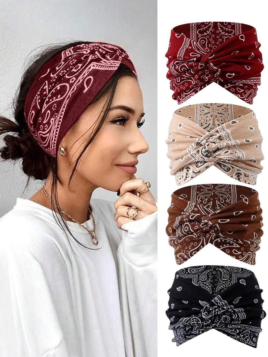 4pcs Boho Bandana Print Headbands For Women, Elastic Stretchy Turban Headwraps,Comfortable Twisted Wide Headbands, Daily Fashion & Workout Fall - Multicolor - View 1