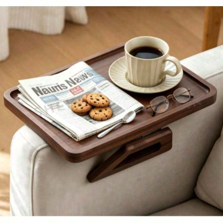 1pc Clip-On Bamboo Sofa Armrest Tray With Foldable Handle, Multi-Functional Couch Armrest Side Table For Drinks, Snacks, Books, Remote Control, Space-Saving Portable Sofa Armrest Organizer For Living Room, Bedroom Indoor Use - Multicolor - View 1
