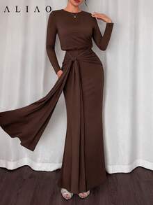 ALIAO Long Sleeve Ribbon Elegant Women's Dress, Suitable For Daily, Dating, Holiday, Wedding Guest, Party, Autumn/Winter Wear - Coffee Brown - View 6