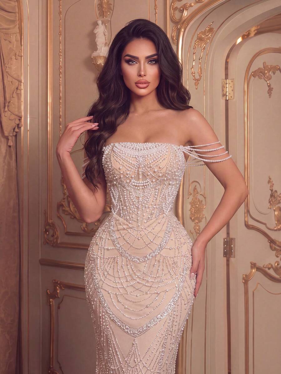 Elegant Cold Shoulder Beaded Sequin Mermaid Fitted Long Dress, Suitable For Photography, Beach Vacation, Resort, Evening Party And Formal Occasions - Champagne - View 1