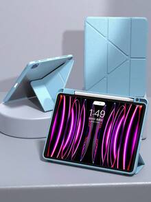 Solid Color Y-Fold Tablet Protective Case Compatible With IPad 11(A16 2025) Multi-Angle Stand With Pen Slot, Acrylic Back Shell Anti-Scratch Anti-Bend, Magnetic Auto Sleep/Wake, Compatible With IPad 10th Gen 2022/ 11(A16 2025), PU Faux Leather - Sky Blue - White Ice Blue - View 2
