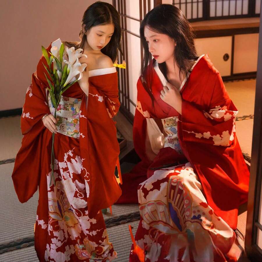 レディース 改良和服 正装レトロ復古風 赤色系神様少女 個人写真向け和風着物 伝統デザイン現代風アレンジ 着付け簡単動きやすい 上質生地高級感 写真映え抜群 花火大会・成人式・記念撮影に最適 初心者向け女性用和装 - 和服用簡易帯・扇子・髪飾りセット - チェックする 1