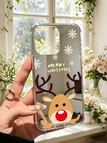 Silver Mirror Finish Christmas Reindeer Phone Case, Cute Red Nose Deer With Snowflake Pattern, Merry Christmas Design, Festive Holiday Gift For Women - Multicolor - View 3
