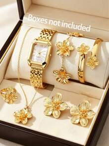 7pcs Floral Jewelry Watch Set, Square Quartz Wristwatch, Flower Earrings, Necklace, Ring, Bracelet, Luxury Elegant Gift Jewelry Set - Gold - View 3