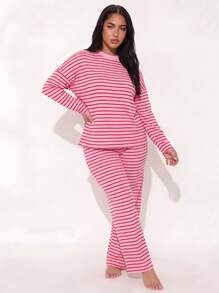 Women's Casual Striped Print Loose Round Neck Long Sleeve Pajama Set, Comfortable Loungewear Set - Rose Red - View 8