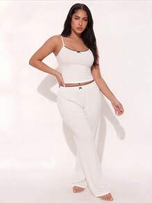 Women's 2-Piece Polka Dot Pajama Set, Spaghetti Strap Camisole Top + Elastic Waist Wide Leg Pants, Loungewear Set - White - View 7