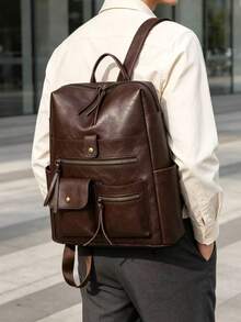 Men's Vintage Leather Backpack, Casual Business Rucksack With Multiple Zipper Pockets, Classic Travel School Bag For Men - Coffee - View 5