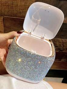 1pc Multifunctional Storage Box With Highly Attractive Sparkling Artificial Rhinestones, Lid, Dust-Proof Cosmetic And Skincare Storage Bin For Office Desk, Living Room, Bedroom, Bathroom, Car, Gift - Silver - View 2