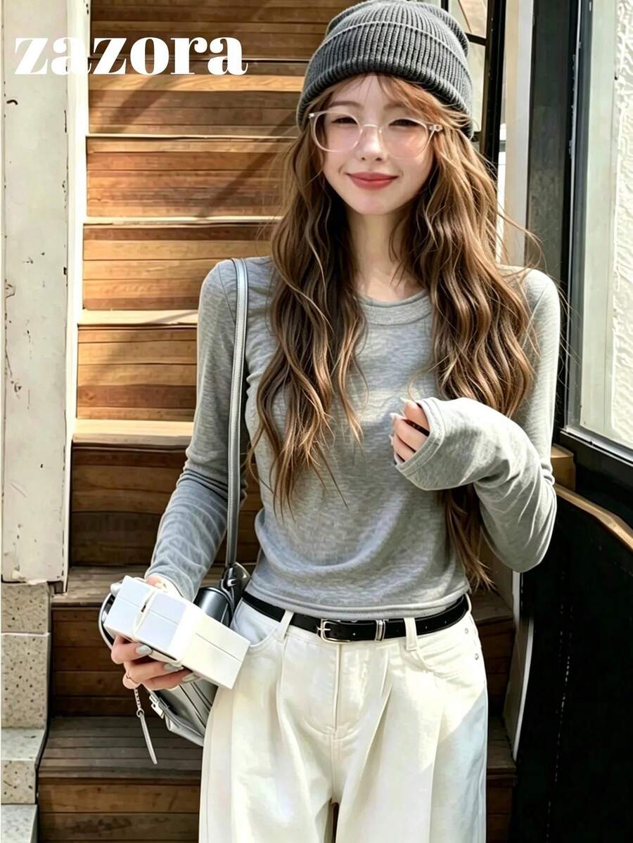 Korean Style Rolled Edge U-Neck Versatile Long Sleeve Knit Base Layer Top Women Innerwear T-Shirt - Grey - View 1
