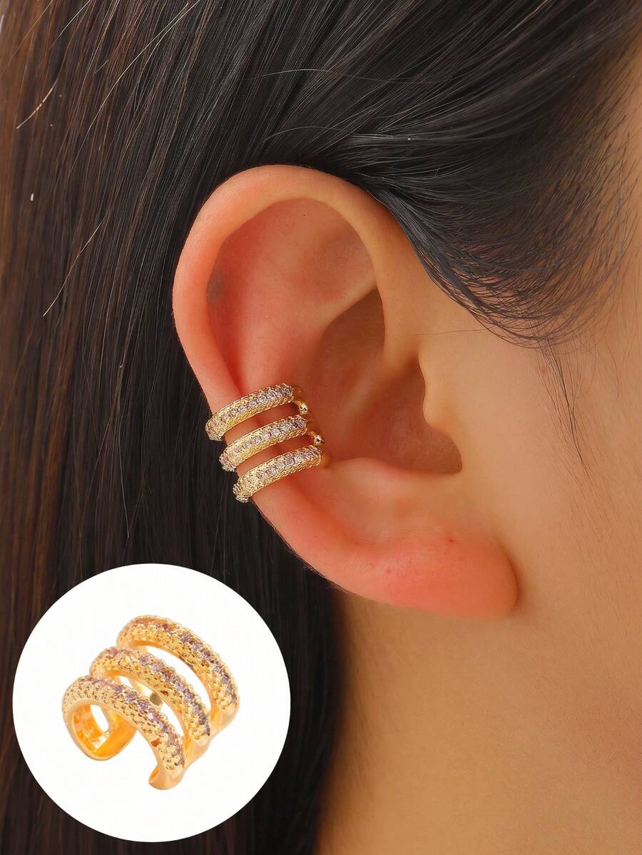 1pc Fashion Minimalist Copper Single-Row Rhinestone Ear Cuff, Suitable For Daily Wear, Dating, Party, Gathering, Versatile - Gold - View 1
