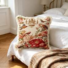 1PC French Floral And Bird Print Pillow Cover With Tassel Border, Double-Sided Decorative Pillowcase, French Vibrant Floral And Bird Patterns, Home Decor, Sofa, Bed, Bedroom(Excluding Pillow Core)-Size Excludes 3cm Tassels - Multicolor - View 9