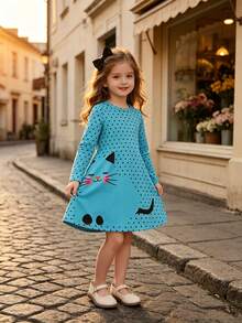 Girls' Polka Dot Cat Print Long Sleeve Dress, Casual Sweet Dress For Spring/Autumn, Suitable For Party, Gift And Daily Wear - Blue - View 4