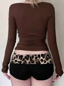 SCARLUX Fall Winter Y2K Women Brown Twist Front Long Sleeve Top, Sweetheart Neck Fitted Tee For Back To School Street Commute & Cozy Home Wear - Brown - View 11