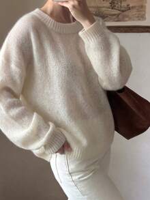 Bohemian Minimalist Mohair Crew Neck Casual Autumn Sweater - White - View 4
