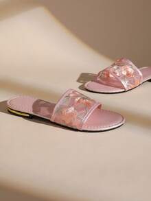 Women's Shiny Floral Lace Embroidered Flat Slide Sandals, Summer Open Toe Casual Slippers - Watermelon Pink - View 7
