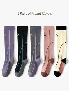 1/5 Pairs Women Compression Knee High Leisure Athletic Sock, Slim Leg High Tube Long Calf Sports Socks For Running, Cycling, Hiking And Jump Rope - Multicolor - View 11