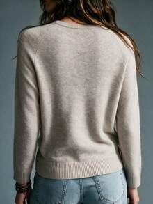 Women's Fall Winter Heathered Oatmeal Soft Cozy Fuzzy Knit Crew Neck Raglan Long Sleeve Sweater, Relaxed Fit Basic Casual Daily Office Commute Wear - Khaki - View 5