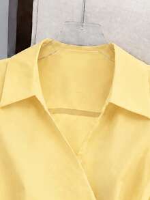 Plus Size Women's Spring/Autumn New Solid Color French V-Neck Tie Waist Casual Long Sleeve Blouse Yellow - Yellow - View 4