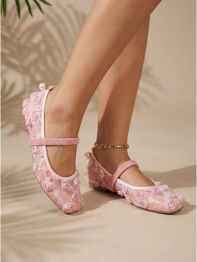 1pair Women Mary Jane Shoes Pink Floral Rose Mesh Strap Elastic Band Fabric Slip-On Casual Daily Coquette