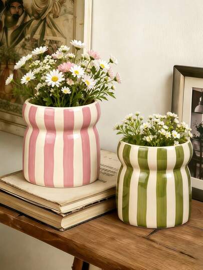 1pc Vintage Striped Waist Flower Pot, Multi-Functional Desktop Storage Vase, Home Decor