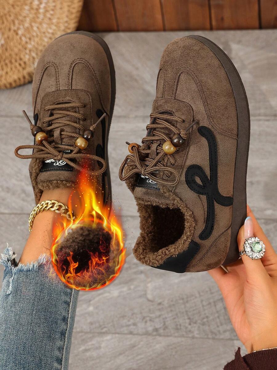 Women's Winter Warm Thick Lining Closed Toe Boots, Solid Color Drawstring Design Low-Top Fashion Flat Snow Boots