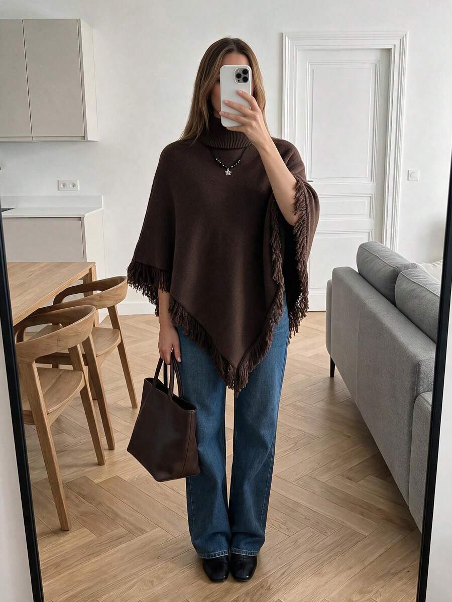 Women's Knitted Vintage High Neck Tassel Triangle Cape, Suitable For Autumn/Winter Daily Commute And Travel Versatile Style - Coffee Brown - View 1