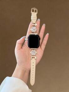 1pc New Women's Genuine Leather Metal Watch Band, Pink, Compatible With Apple Watch 38/40/41/42/44/45/46/49mm, SE Series Ultra 11/10/9/8/7/6/5/4/3/2/1, Comfortable To Wear, Durable Material, Smart Watch Accessory, Women's Accessory, Rose Gold Band, Women's Gift, Women's Watch, Fashionable And Elegant, Women's Smart Watch - Platinum Flower - View 5