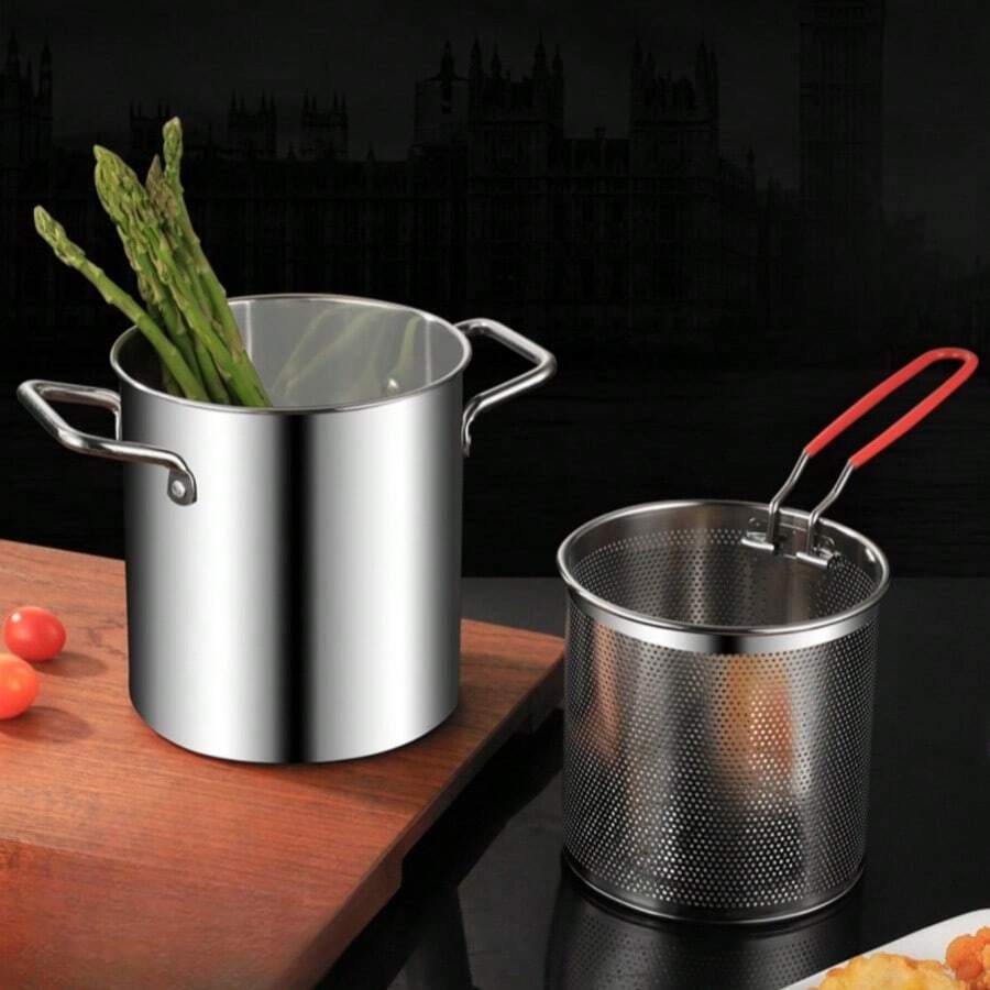 304 Stainless Steel Deep Fryer Pot For Home Use, Small Fryer Pot With Strainer, Induction Cooktop Compatible, Oil-Saving Deep Pot With Dual Handles, Frying Soup Pot
