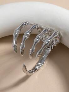 1pc Dark Style Open Cuff Bracelet For Women, Designer Skull & Ghost Claw Design, Personalized Hand Jewelry - Silver - View 3