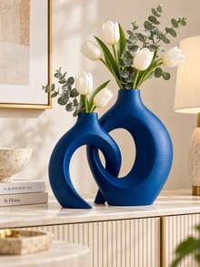 Blue Anti-Flower Vase For Modern Home Decor - Matte "Embrace" Shaped Hollow Vase (2pcs Set), Suitable For Dining Table Center, Office Bookshelf Or Living Room - Multicolor - View 4