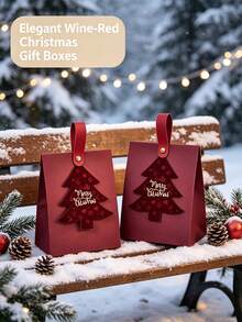 1/10pcs Burgundy Christmas Tree Shaped Gift Box, 'Merry Christmas' Decorative Tag, Leather Handle Holiday Gift Packaging Box - A - View 2