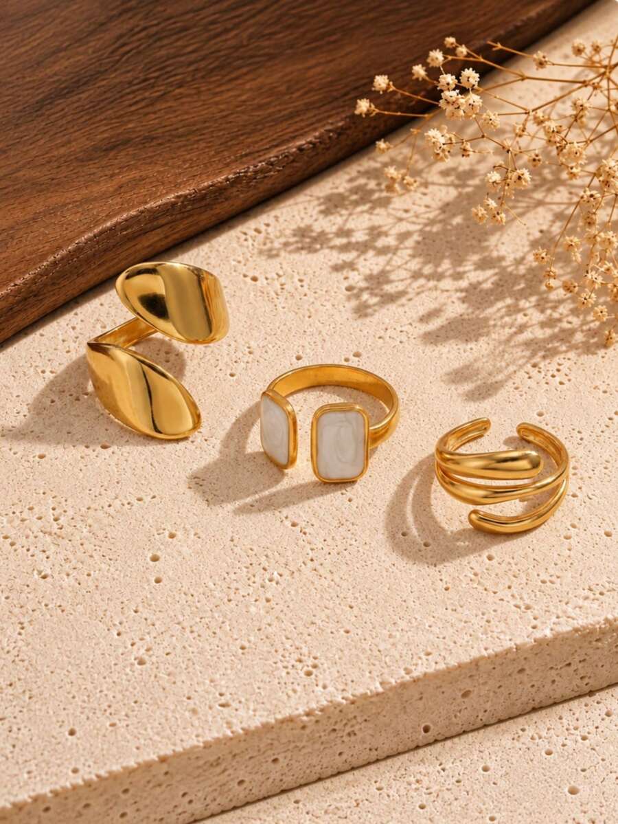 3pcs Vintage Premium Gold Wide Asymmetrical White Stone Texture Inlaid Rings, Niche Design Multi-Layer Wrap Open Adjustable Knuckle Ring Set - Gold - View 1