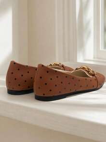 1 Pair 2026 New Girls Shoes Polka Dot Print + Metal Chain Decor Soft PU Leather Round Toe Slip-On French Gentle Commute Style Versatile Shoes For And Shopping - Brown - View 7