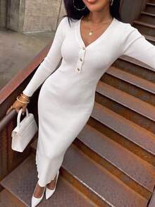 Autumn/Winter Sexy Warm Fashion Slim Fit Versatile Elegant Commute Daily Ribbed V-Neck Half-Button Design Bodycon Long Sleeve Straight Long Knit Sweater Dress - White - View 5