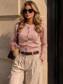 DONICY Women's Dusty Pink Crew Neck Puff Sleeve Hollow Lace Trim Pearl Button Cropped Knit Cardigan, Slim Layering Sweater Jacket For Spring Fall Daily Wear - Pink - View 1