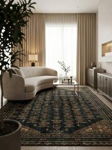 1PC Black & Gold Vintage Geometric Totem Area Rug, Faux Cashmere Material Rectangular Bohemian Distressed Pattern, Machine Washable Suitable For Living Room Bedroom Daily Home Decor, Aesthetic Home Decoration - Multicolor - View 2