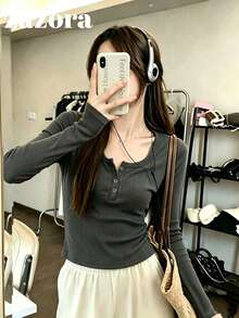 Kaos Wanita Minimalis Warna Polos Leher Bulat Lebar Lengan Panjang, Lapisan Dalam Pelangsing, Lapisan Dasar Elastis, Atasan Pendek, Awal Musim Gugur - Dark Grey - View 9