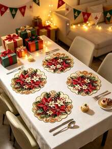 8pcs/4pcs/1pc Round Placemats, Winter Floral And Pine Cone Pattern, Suitable For Christmas Party Decoration, Theme Party, Christmas Dinner, Vintage Style Party - One Size Fits All - View 6