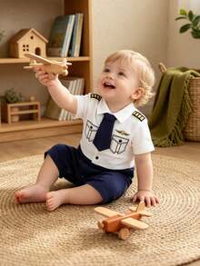1pc Infant Pilot Jumpsuit, Baby Boy Short Sleeve Jumpsuit, Lightweight Spring/Summer Outfit, Suitable For Birthday/Holiday Gift - Multicolor - View 1