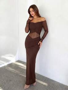 PARTHEA Elegant Brown Off Shoulder Mesh Sleeve Sheer Waist Ruched Maxi Evening Party Dress For Women - Brown - View 6